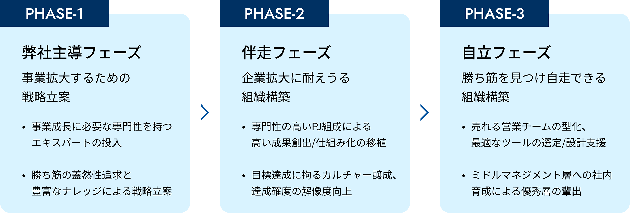 1.弊社主導フェーズ 事業拡大するための戦略立案 2.伴走フェーズ 企業拡大に耐えうる組織構築 3.自立フェーズ 勝ち筋を見つけ自走できる組織構築